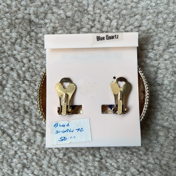 Vintage Semi-Precious Gold Tone Blue Quartz Clip On Earrings - Picture 7 of 9